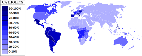 World map depicting the percentage of Catholic population by country, shaded in a gradient of blue. Deeper shades indicate higher percentages, ranging from over 90% to below 10%.