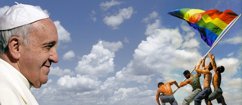 A smiling elderly man wearing a white skullcap stands on the left, with a blue sky and fluffy clouds in the background. On the right, four men cooperate in raising a large flag with vibrant stripes, under a similarly cloud-filled sky.