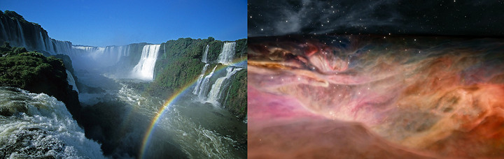 On the left, a panoramic view of a powerful waterfall generating a vibrant rainbow in its mist, surrounded by lush greenery. On the right, a vivid depiction of a nebula in deep space, showcasing swirling hues of pink, orange, and blue against a star-studded sky.