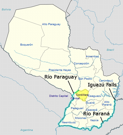 A detailed map of Paraguay highlighting various regions and major water bodies. It shows the geographical distribution of departments such as Alto Paraguay, Boquerón, and Presidente Hayes. Major rivers like the Rio Paraguay and Rio Paraná are prominently marked, with the latter flowing along the southern border. The map also indicates the location of Iguazú Falls near the Brazil border.