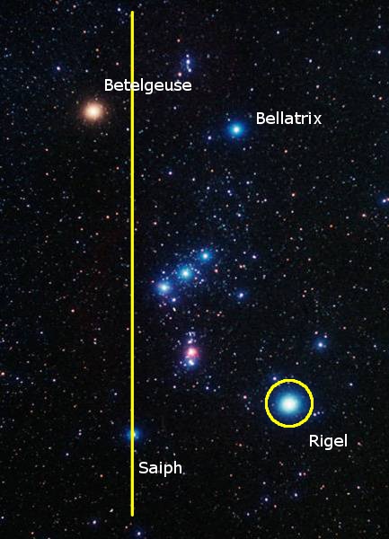 A star-filled section of the night sky showcasing prominent stars including Betelgeuse, Bellatrix, Saiph, and Rigel, which are labeled. A yellow guideline vertically divides the image, enhancing visibility.