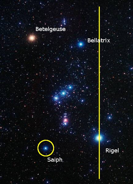 A deep space image showing stars in a night sky. Prominent stars labeled include Betelgeuse, Bellatrix, Saiph, and Rigel. A yellow vertical line divides Bellatrix and Rigel. Saiph is highlighted with a yellow circle.
