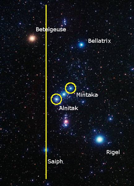 Night sky featuring several bright stars labeled with their astronomical names. Betelgeuse is to the left of a vertical yellow line, while Rigel and Saiph are toward the bottom right. Bellatrix is near the center right, and three closely aligned stars, Alnitak, Alnilam, and Mintaka, circled in yellow, form a line near the middle.