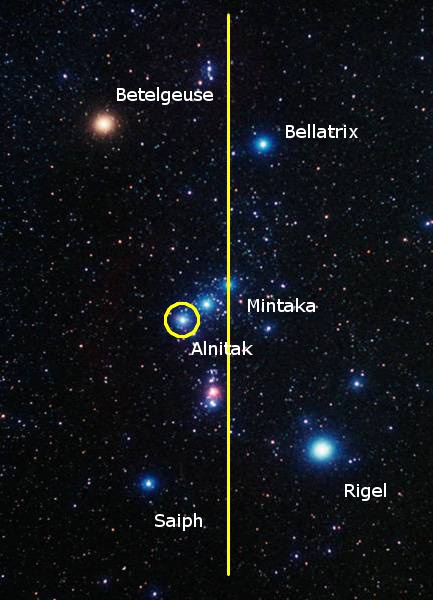 A detailed astronomical image featuring a map of significant stars including Betelgeuse, Bellatrix, Mintaka, Alnitak, Saiph, and Rigel. A yellow line divides the image, with stars like Alnitak highlighted with a yellow circle. The background is filled with numerous faint stars set against the deep black of space.