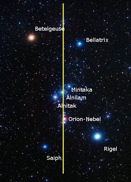 An astronomical photograph of a constellation, showing key stars such as Betelgeuse, Bellatrix, Mintaka, Alnilam, Alnitak, and others like Saiph and Rigel. A bright nebula is also visible near the center labeled as Orion-Nebel.