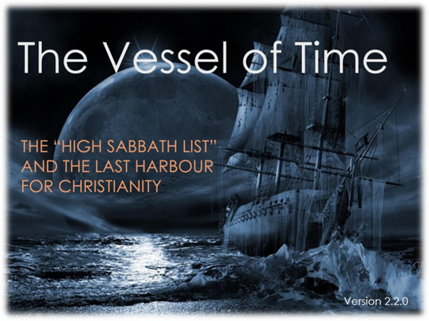 A digital artwork featuring an ancient sailing ship navigating stormy seas under a night sky. A large luminous moon illuminates the scene, casting light on the churning sea waves. Text overlays include "The Vessel of Time," "THE 'HIGH SABBATH LIST' and THE LAST HARBOUR for CHRISTIANITY," and "Version 2.2.0."