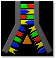 A graphical representation of an abstract design featuring a pair of symmetrical gray columns flanking a vertical sequence of colorful, triangular symbols. These triangular elements are organized in blocks of red, green, yellow, and blue colors, reminiscent of a coded sequence.