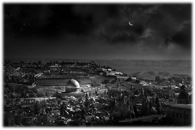 A black and white nocturnal landscape of a historic city with domed structures and rolling hills visible in the background. The night sky features stars and a crescent moon, with a veil of clouds partly obscuring the celestial bodies.