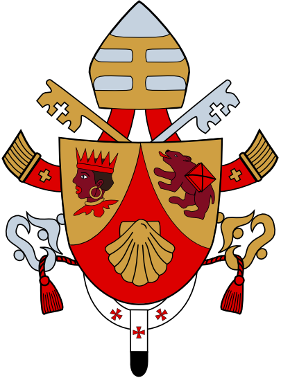 An illustrated emblem featuring a central shield split into two parts. The left half of the shield displays a stylized head of a king with a crown and the right half shows two creatures resembling lions in profile. Above the shield, there is a ceremonial hat resembling a bishop’s mitre, flanked by crossed keys. The emblem includes additional symbols such as a scallop shell, and three crosses positioned below the shield.