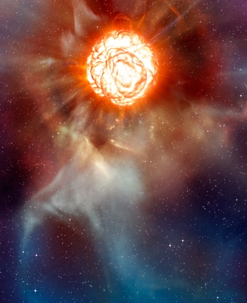 A vibrant celestial scene depicting a fiery star surrounded by a nebulous cloud, illuminated in hues of orange, red, and blue, evoking the majesty of the Mazzaroth.