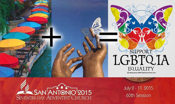 A collage with several elements including a serene river walk adorned with colorful umbrellas, hands releasing a butterfly, a logo for the 60th session of the Seventh-Day Adventist Church in San Antonio 2015, and a colorful symmetrical emblem supporting LGBTQIA equality.