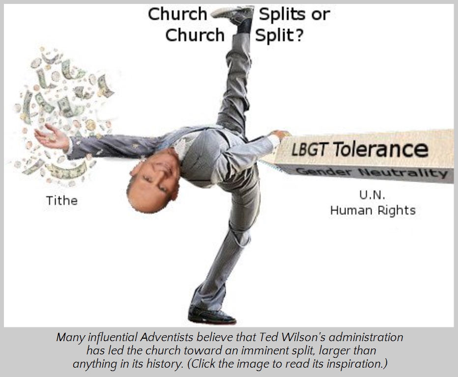 A conceptual image showing a man in a suit balancing on a tightrope labeled "LBGT Tolerance." The man is upside down with his head pointing downwards and money scattering from his pockets marked "Tithe." Words "Church Church" and "Splits or Split?" appear along the image, emphasizing a theme of division concerning issues like gender neutrality and human rights, as indicated by tags "U.N. Human Rights."