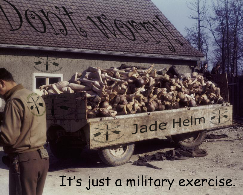 A historical photo showing an officer in military uniform looking at a truck loaded with numerous wooden dolls. The side of the truck is marked with "Jade Helm" and military symbols.