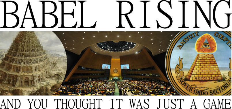 A collage image titled "BABEL RISING" featuring three panels: on the left, a classical painting of the Tower of Babel, bustling with activity; the center shows a modern assembly hall filled with attendees beneath a dome with star-like lighting, and on the right, an emblem with a pyramid with an eye on top and Latin inscriptions.