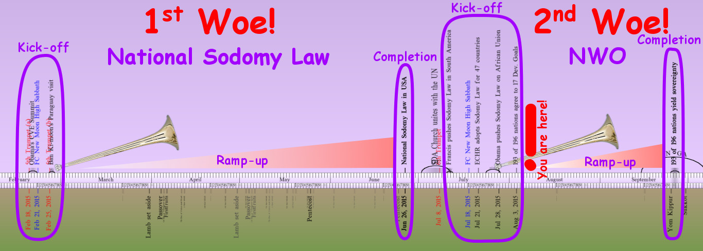 A detailed timeline graphic depicting two major events, labeled as "1st Woe! National Sodomy Law" and "2nd Woe! NWO". Each event starts with a "Kick-off" phase and progresses through a "Ramp-up" phase to a highlighted "Completion". The background features a gradient from pink to purple, and each section includes dates and specific informational text. Trumpet images mark the beginning and culmination of each event.