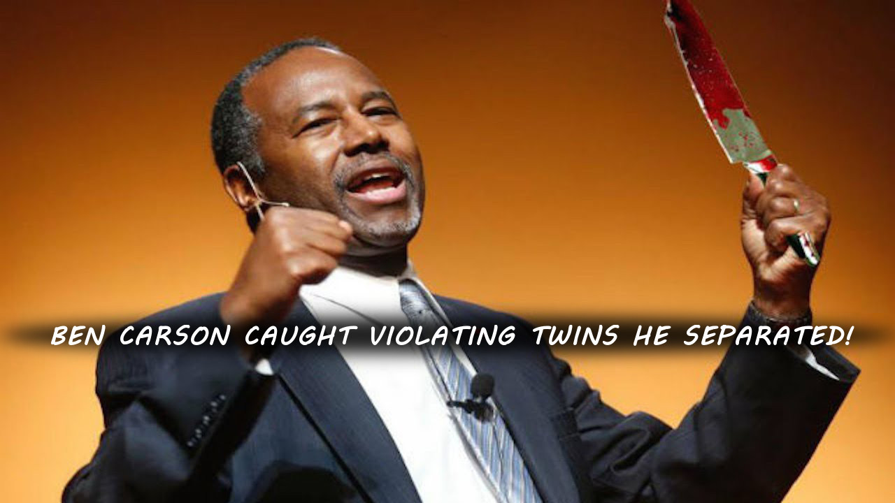 A man in a dark suit and tie enthusiastically speaking at a podium, holding a microphone in one hand and a bloodied replica surgical instrument in the other, against an orange background. The text on the image contains a sensational headline.