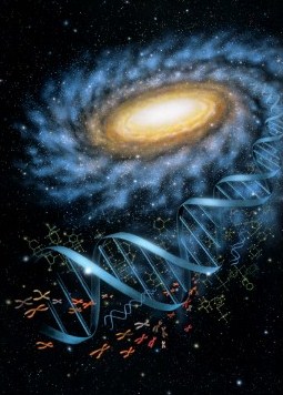 A digital illustration combining elements of deep space and biological science. It features a spiral galaxy with a bright nucleus surrounded by stars, merging creatively with a translucent DNA helix adorned with various molecular structures.