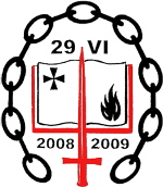 Graphic featuring a central emblem enclosed by a chain link circle. The emblem displays a divided field with the numbers "29 VI" at the top and "2008 2009" at the bottom. The left division shows a star symbol and the right a flame, both over a vertical red cross.