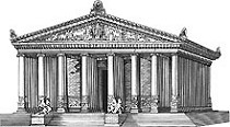 Black and white illustration of a classical temple featuring a row of ornate pillars and a triangular pediment embellished with relief sculptures depicting scenes related to the Mazzaroth.