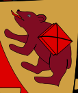 Illustration of a ruby-colored bear standing upright, depicted with a geometric crimson gem on its back against a golden background.