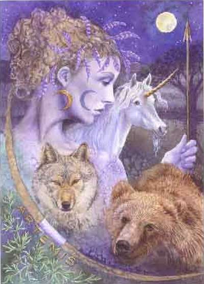 Artistic depiction featuring a mythical woman with celestial decorations in her hair, accompanied by a unicorn, a wolf, and a bear under a moonlit sky. This illustration embodies creatures of the natural world aligned with elements of the Mazzaroth.