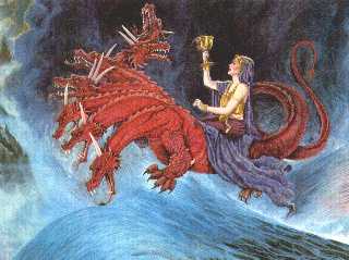 An artistic depiction of a woman riding a large red dragon over turbulent waters. The dragon has multiple crowned heads and the woman is holding up a golden cup, dressed in flowing robes.