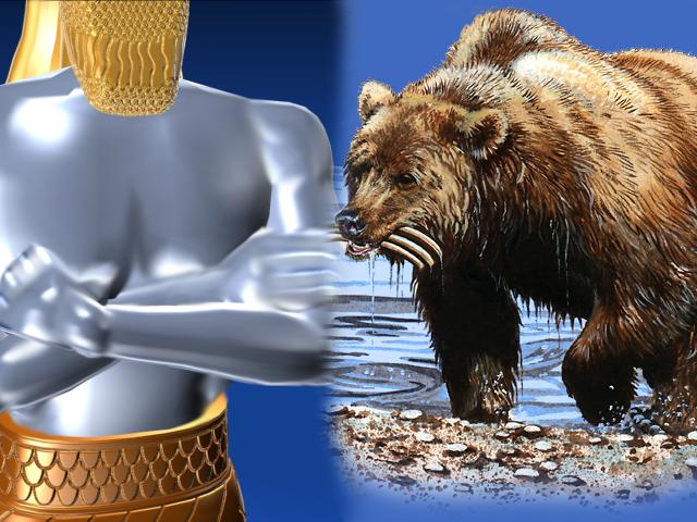 Digital artwork featuring a metallic humanoid figure with a golden skirt holding out an open palm, juxtaposed with a realistic brown bear at a water source, licking water from its mouth in a natural setting.
