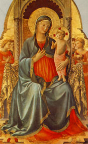 An intricate medieval painting depicting the Virgin Mary in a blue robe, holding the child Jesus who reaches out. They are framed by an ornate golden arch with celestial motifs and smaller figures that might hint at the Mazzaroth, reflecting a theme of divine cosmology.
