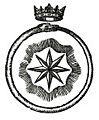 An intricate emblem depicting an eight-pointed star enclosed within two concentric circles, topped by a royal crown.
