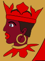 Illustration of a profile view of a person with dark skin, wearing a vibrant red and orange crown with a geometrical pattern. The individual also sports a large, circular earring and a decorative neck piece. The background is a muted gold color.