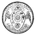 A circular emblem featuring a central shield with abstract symbols and surrounded by various celestial bodies and designs. The emblem includes a faint background of stars and angelic figures at the top, representing elements inspired by biblical interpretations of the heavens.